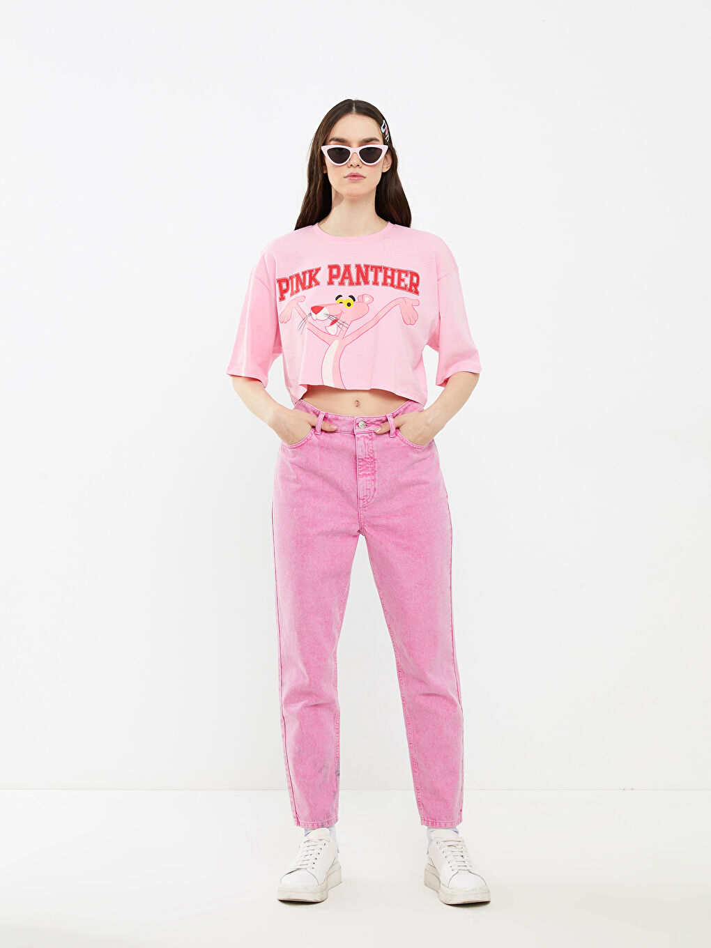 Bisiklet Yaka Pembe Panter Baskılı Kısa Kollu Kadın Crop