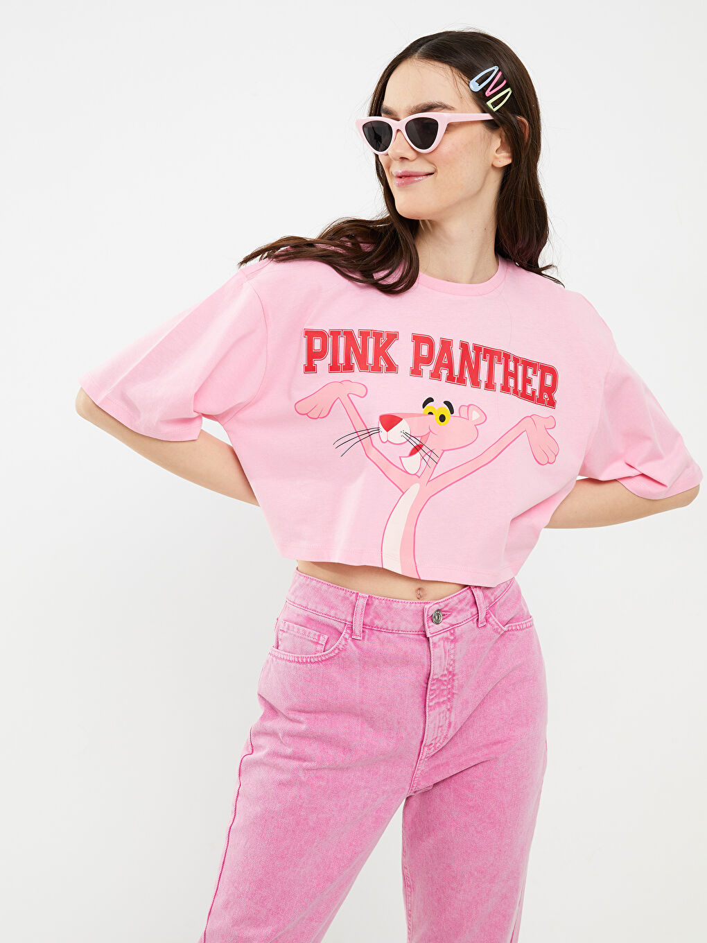 Bisiklet Yaka Pembe Panter Baskılı Kısa Kollu Kadın Crop-1