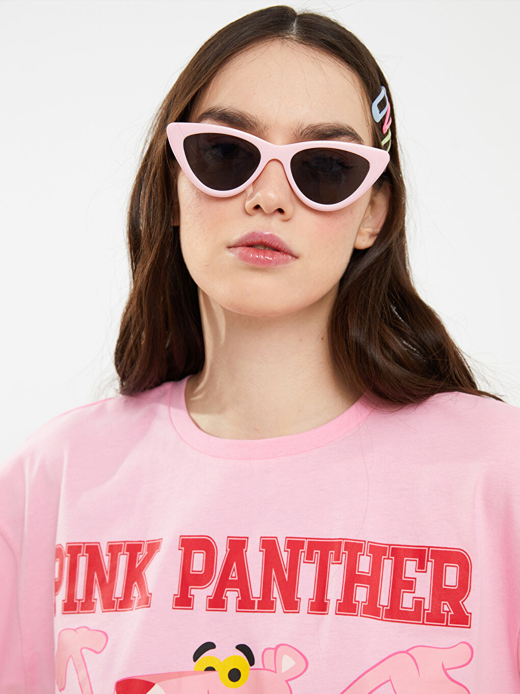 Bisiklet Yaka Pembe Panter Baskılı Kısa Kollu Kadın Crop-2