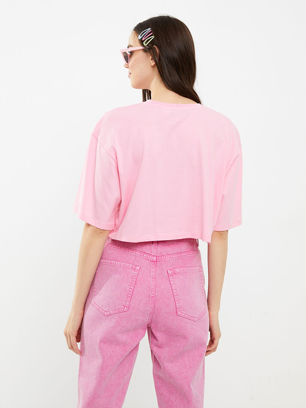 Bisiklet Yaka Pembe Panter Baskılı Kısa Kollu Kadın Crop-3