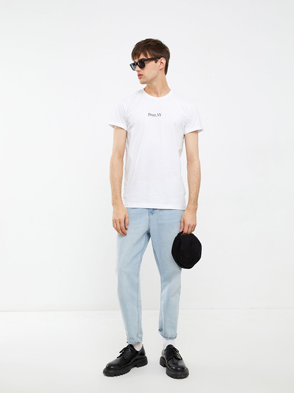 Beyaz Bisiklet Yaka Kısa Kollu Baskılı Penye Erkek Tişört-1