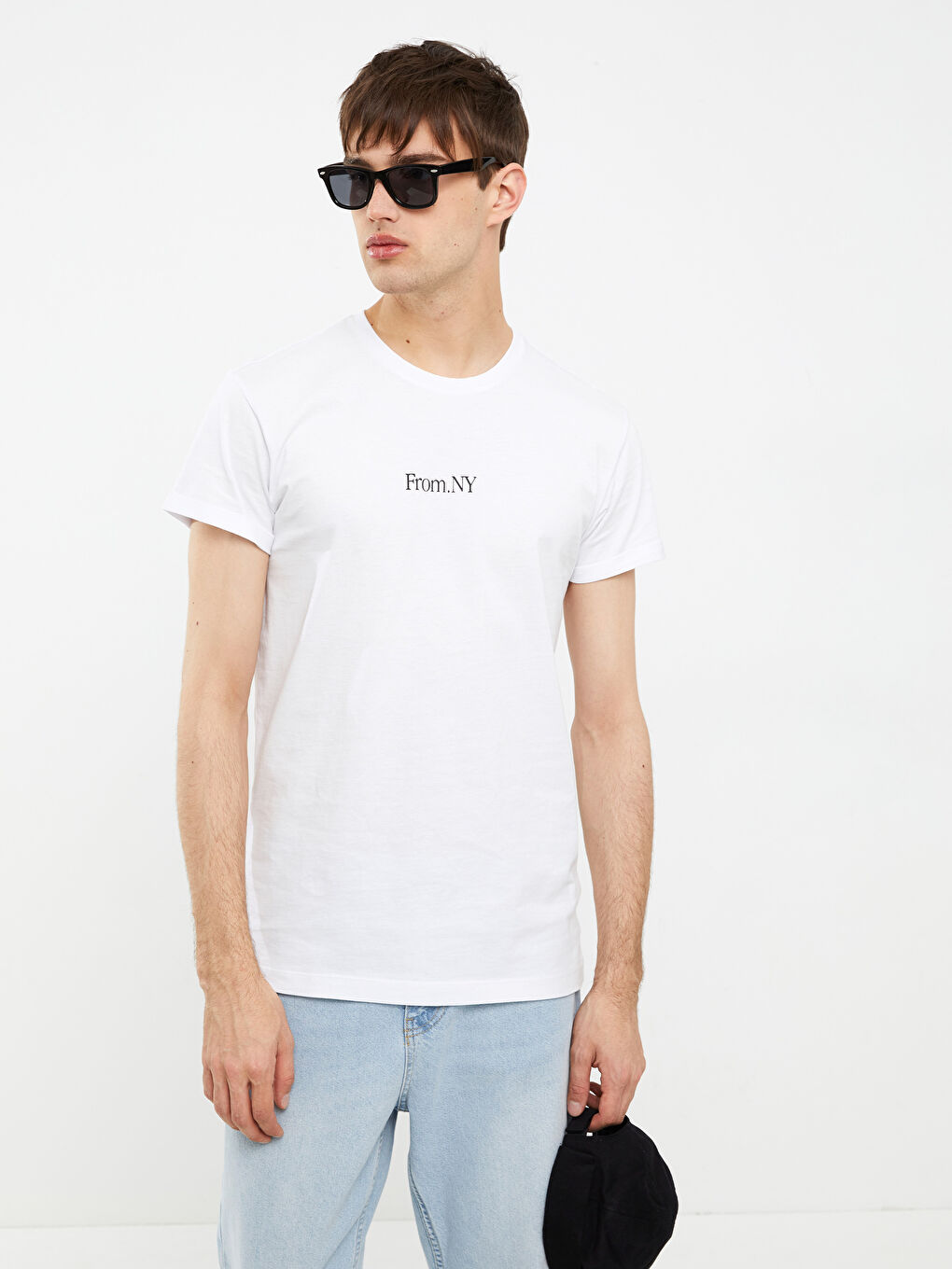 Beyaz Bisiklet Yaka Kısa Kollu Baskılı Penye Erkek Tişört-2