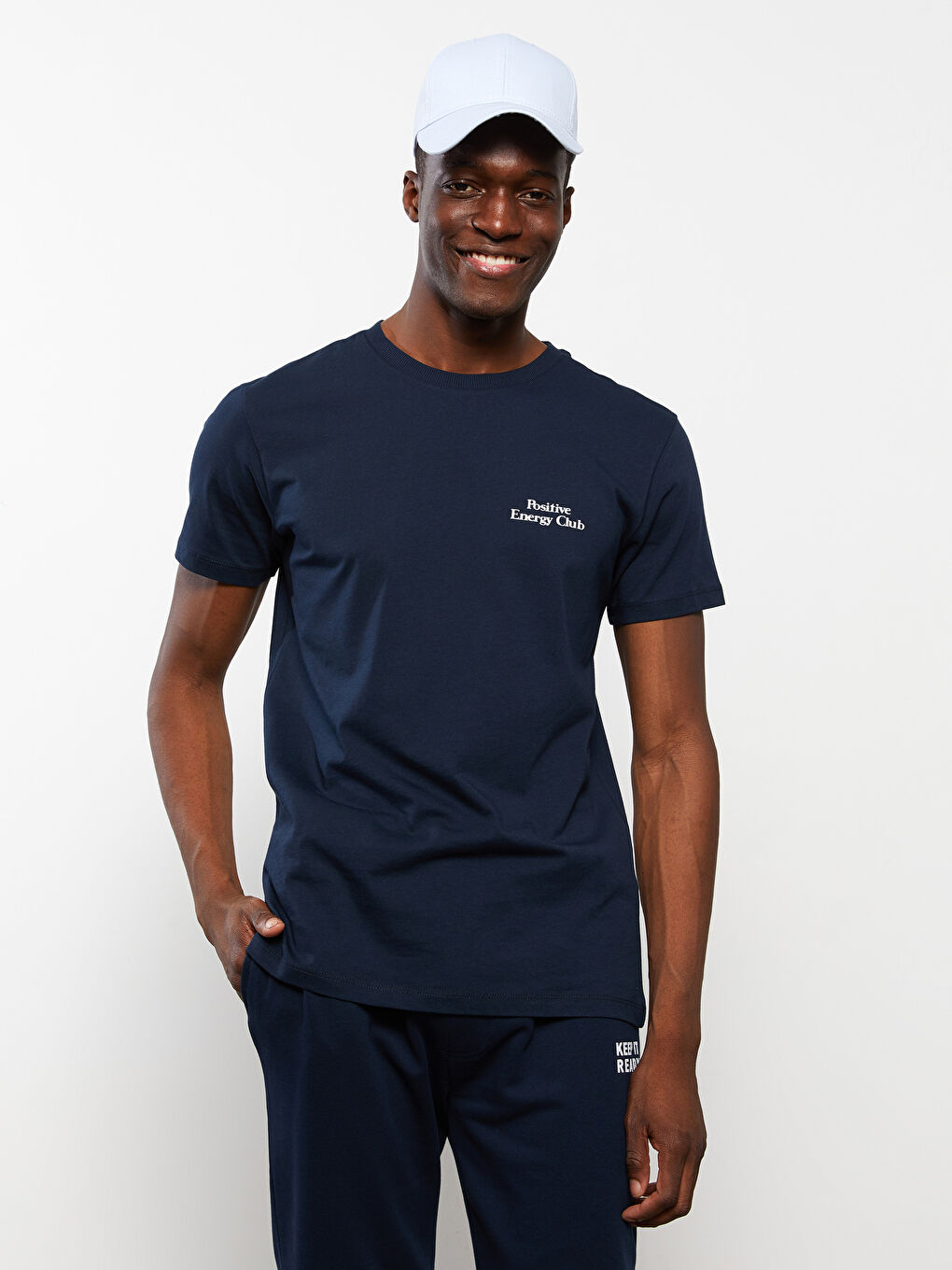 Lacivert Bisiklet Yaka Kısa Kollu Baskılı Penye Erkek Tişört-1