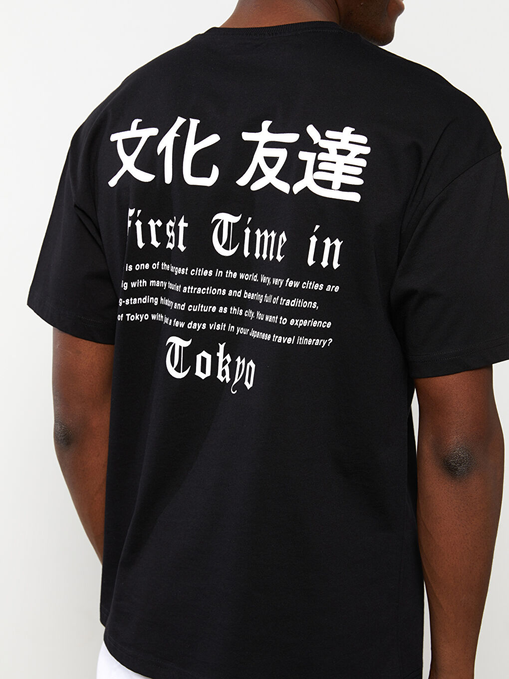 Siyah Oversize Bisiklet Yaka Kısa Kollu Baskılı Penye Erkek Tişört-4