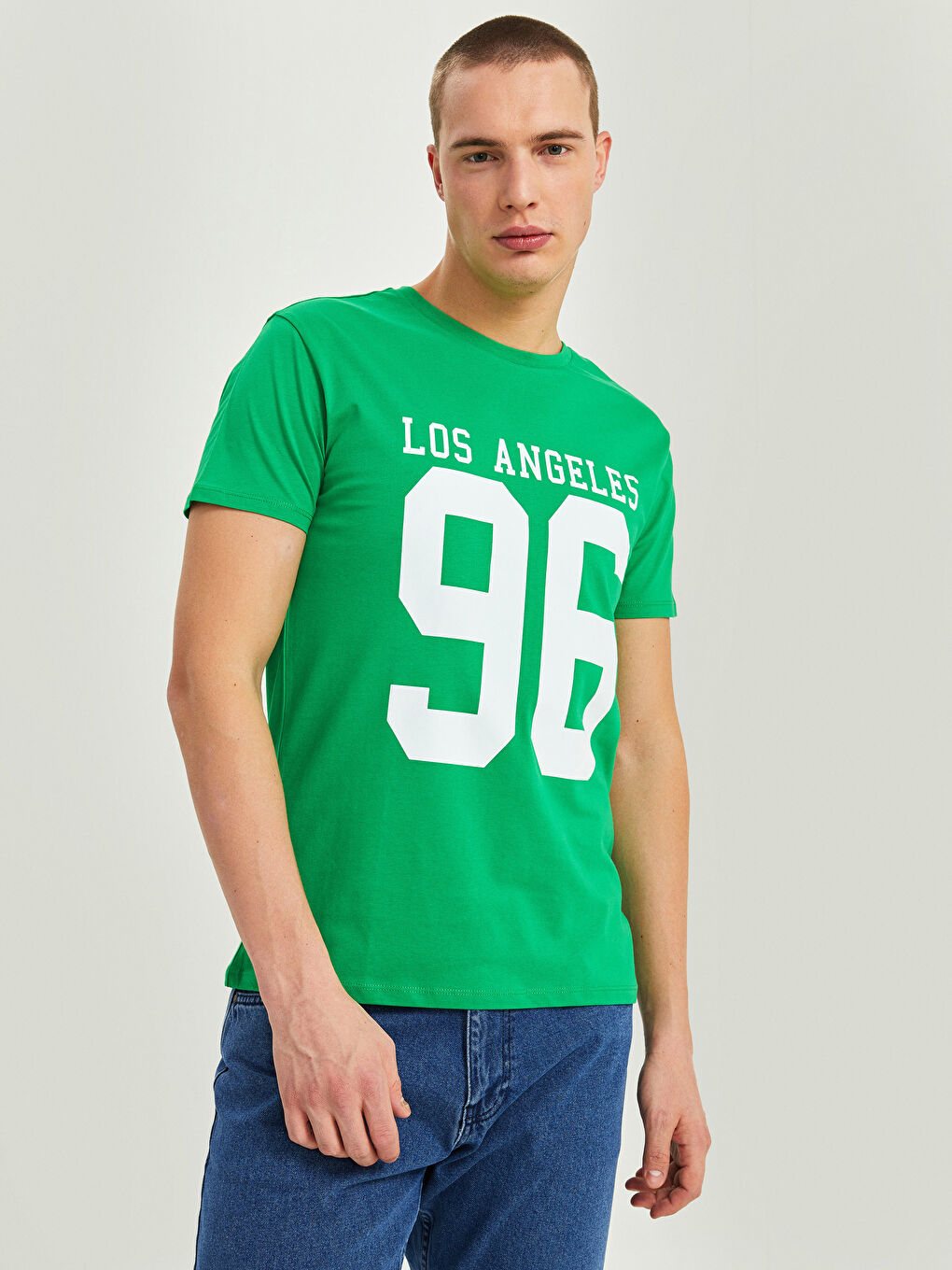 Yeşil Bisiklet Yaka Kısa Kollu Baskılı Penye Erkek Tişört-1