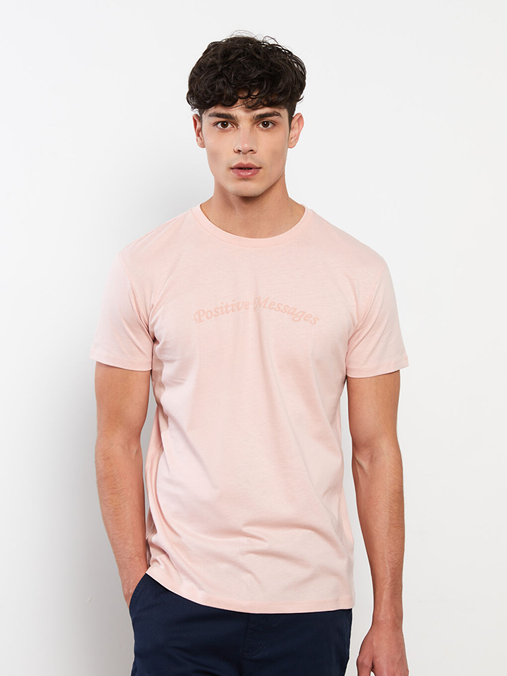 Pembe Bisiklet Yaka Kısa Kollu Baskılı Penye Erkek Tişört-1