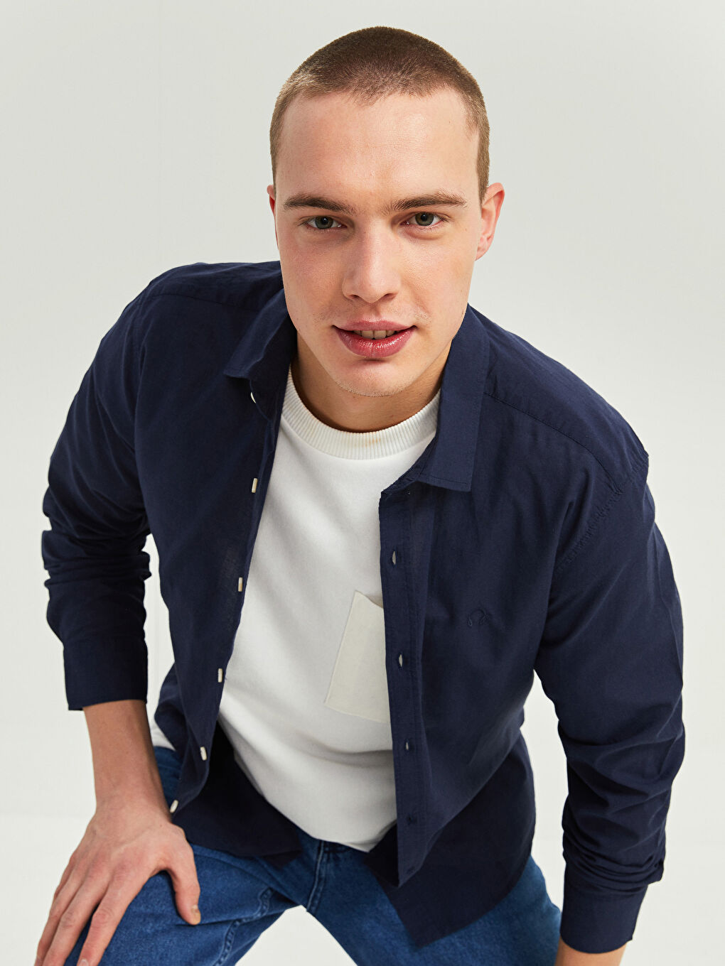 Lacivert Regular Fit Uzun Kollu Erkek Gömlek-1