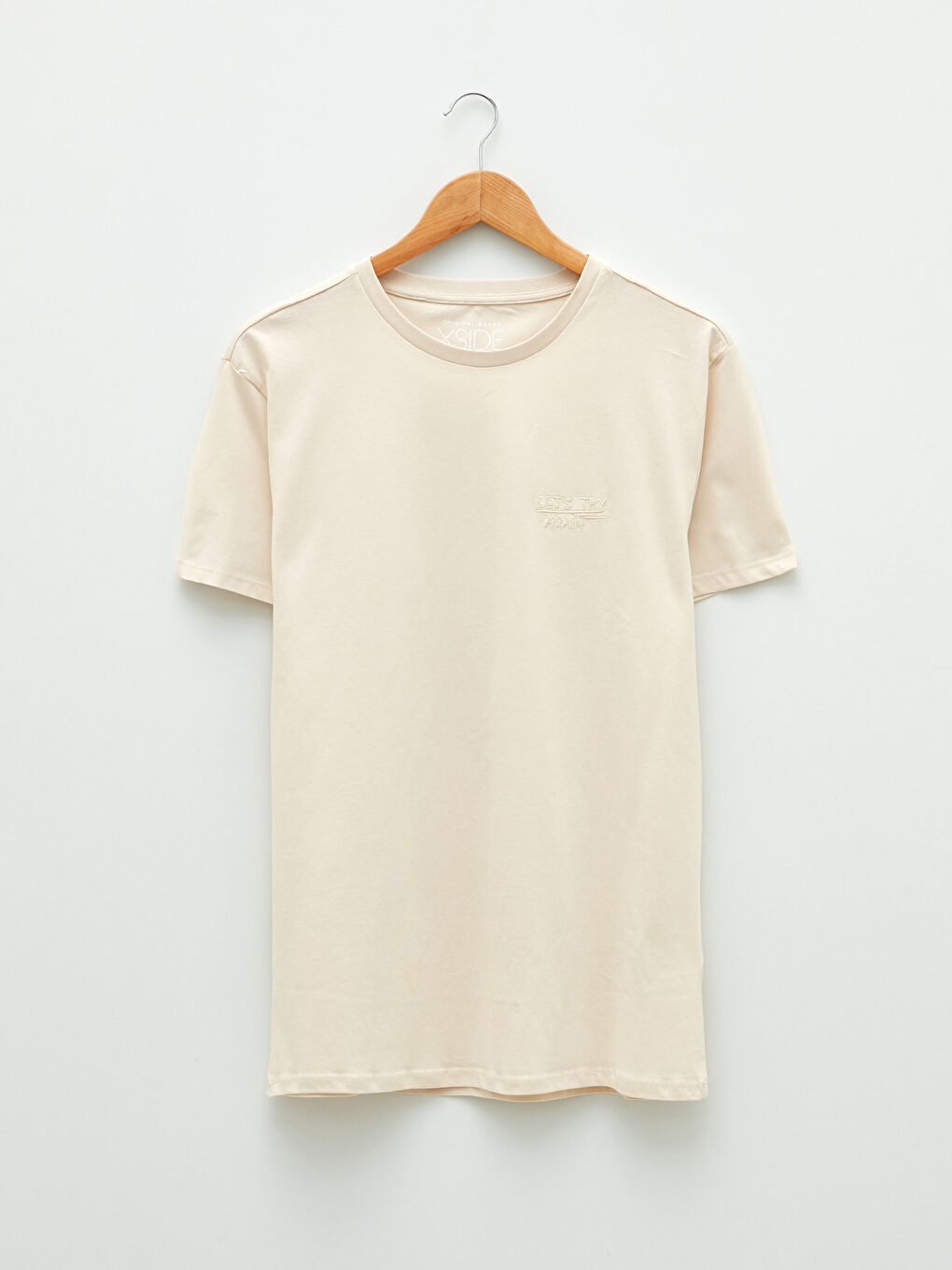 Bej Bisiklet Yaka Kısa Kollu Baskılı Penye Erkek Tişört-5