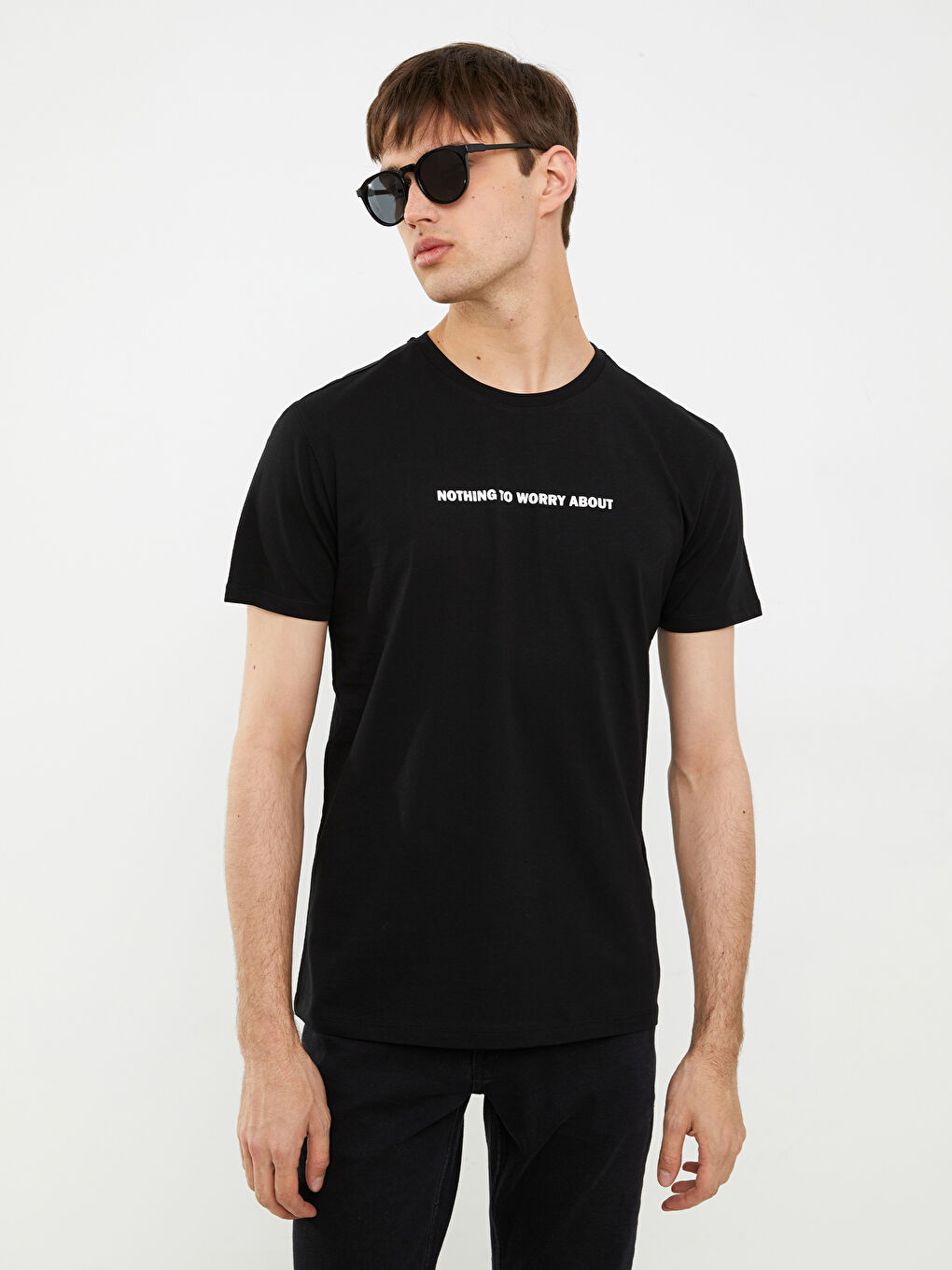 Siyah Bisiklet Yaka Kısa Kollu Baskılı Penye Erkek Tişört-1