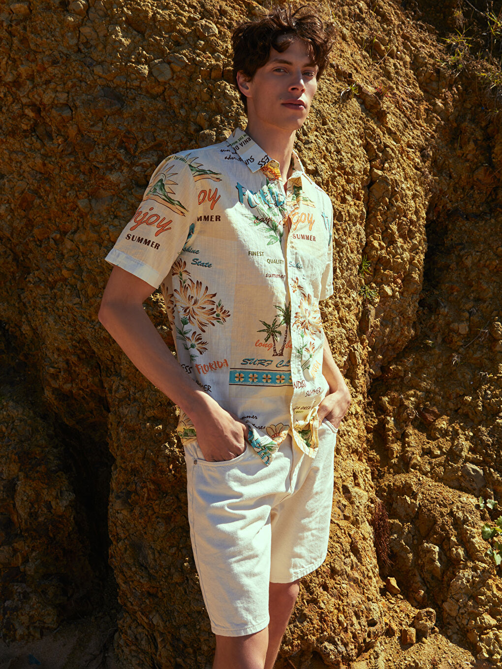 Bej Standart Kalıp Erkek Jean Şort-1