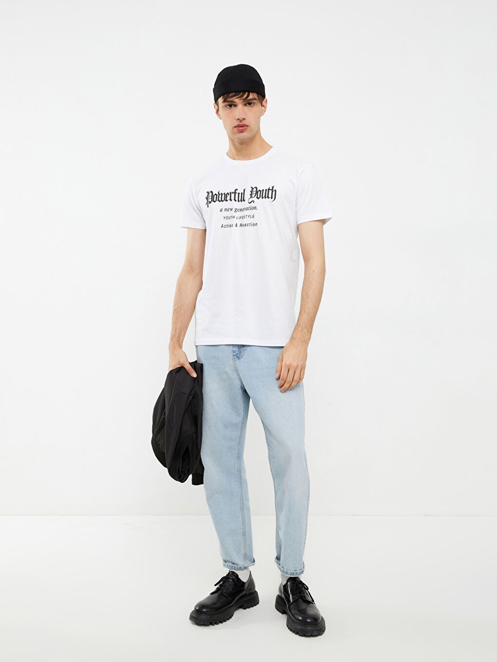 Beyaz Bisiklet Yaka Kısa Kollu Baskılı Penye Erkek Tişört