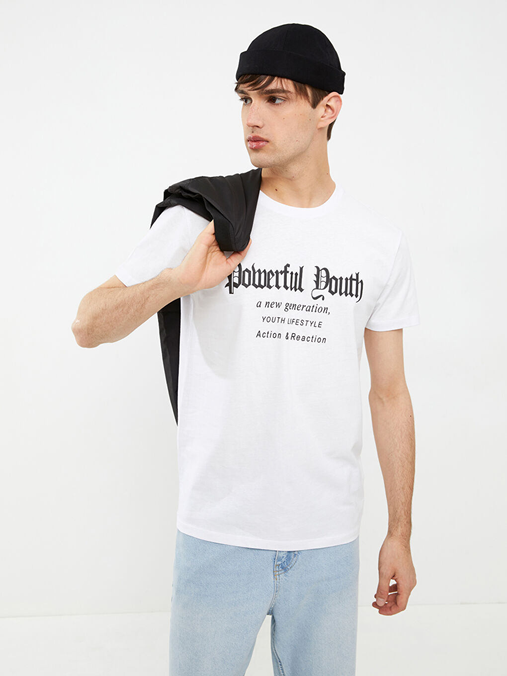 Beyaz Bisiklet Yaka Kısa Kollu Baskılı Penye Erkek Tişört-1