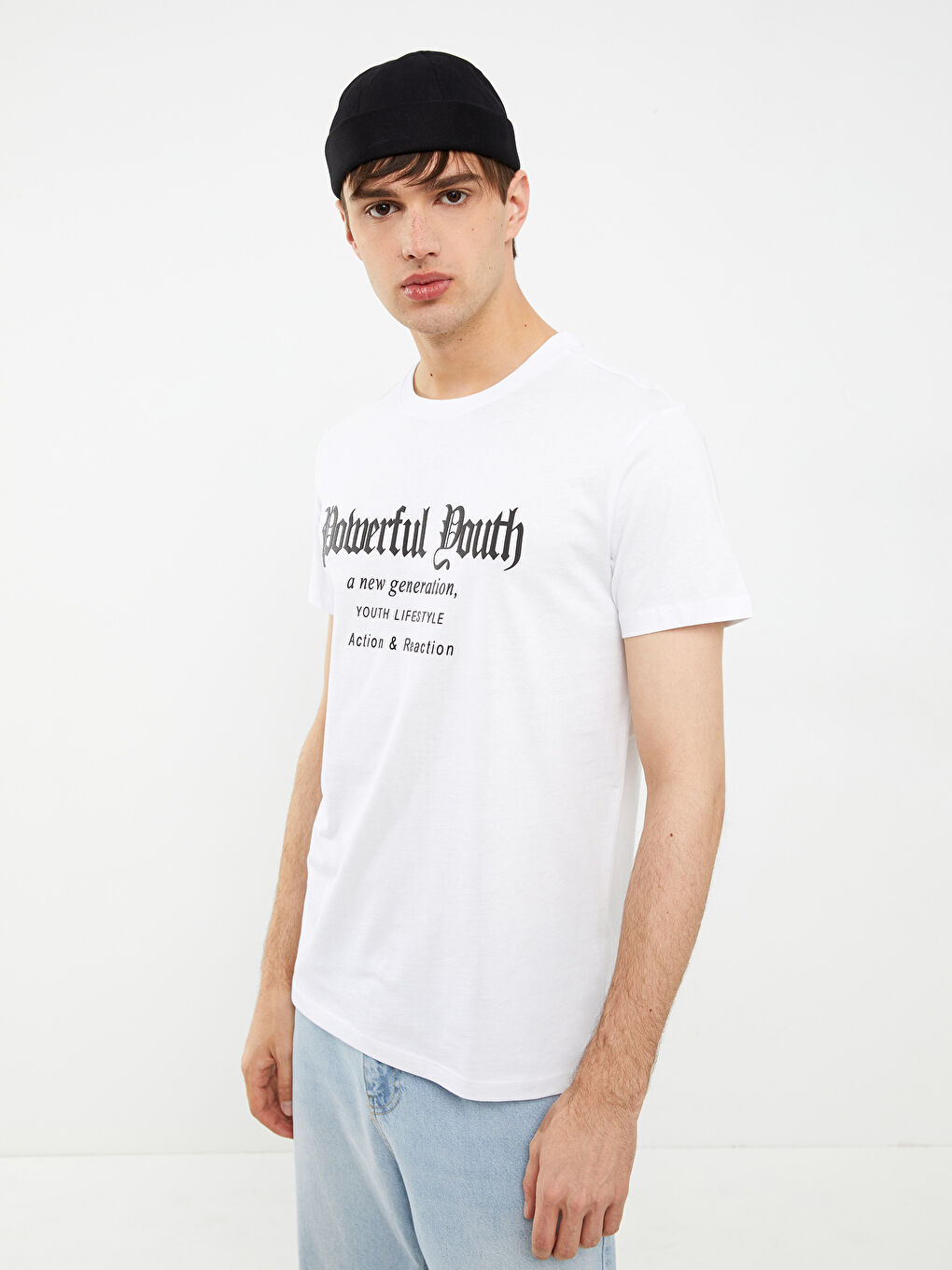 Beyaz Bisiklet Yaka Kısa Kollu Baskılı Penye Erkek Tişört-2