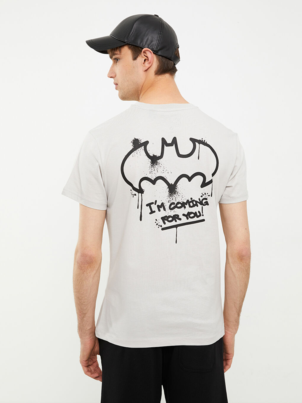 Gri Bisiklet Yaka Kısa Kollu Batman Baskılı Penye Erkek Tişört-4