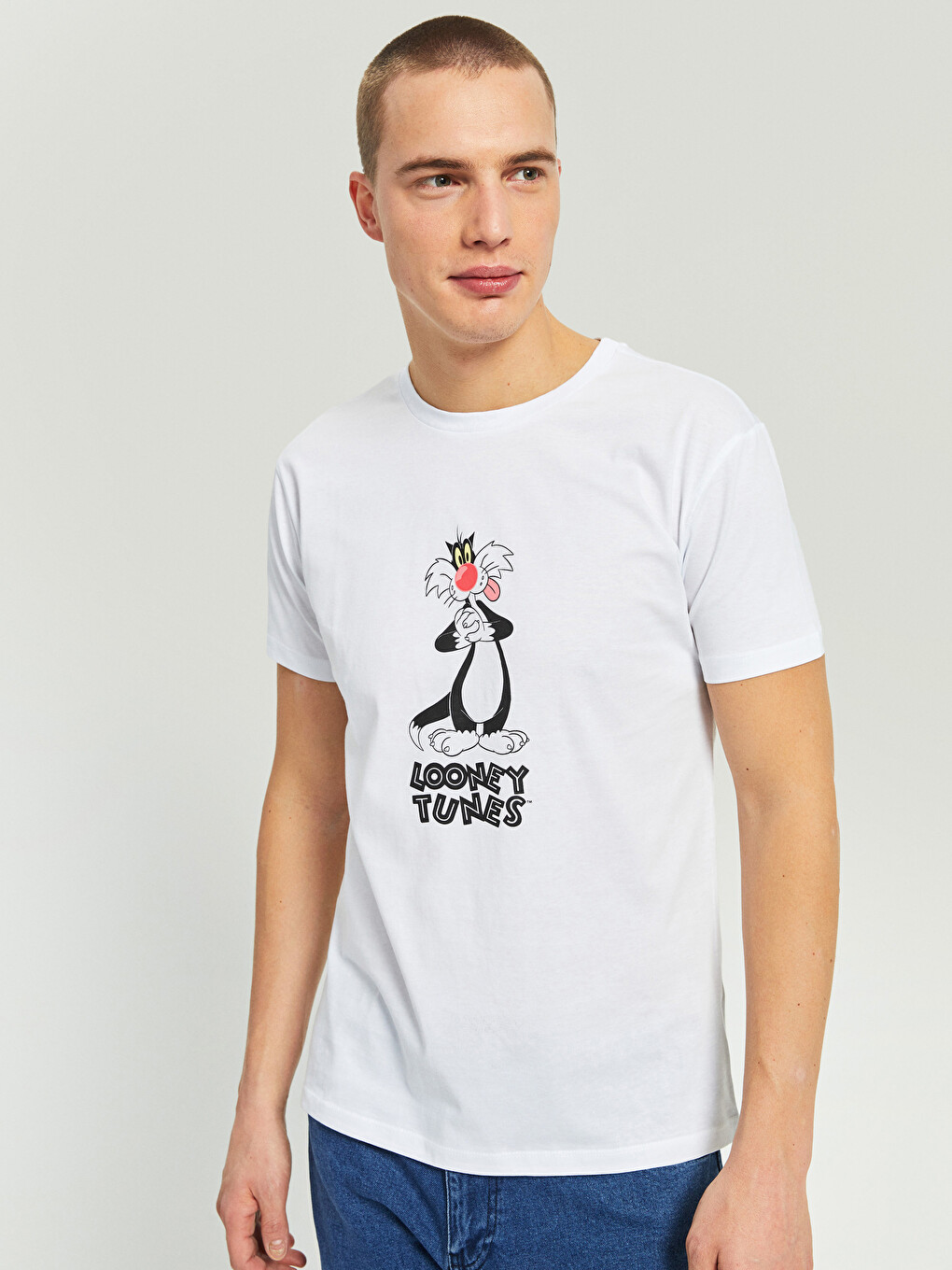 Bisiklet Yaka Kısa Kollu Looney Tunes Baskılı Penye Erkek Tişört-2
