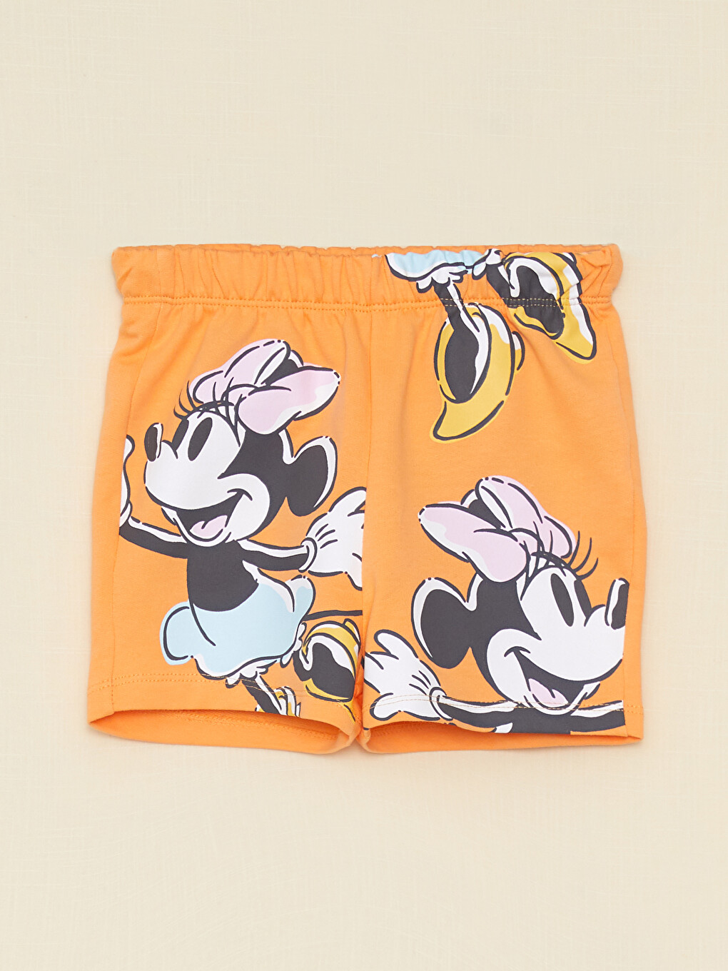 Turuncu Beli Lastikli Minnie Mouse Baskılı Pamuklu Kız Bebek Şort