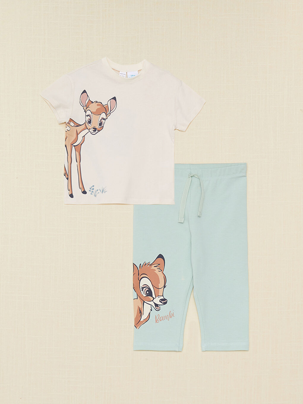 Crew Neck Short Sleeve Bambi Printed Cotton Baby Girl T-Shirt and Shorts 2-Pack Set-1