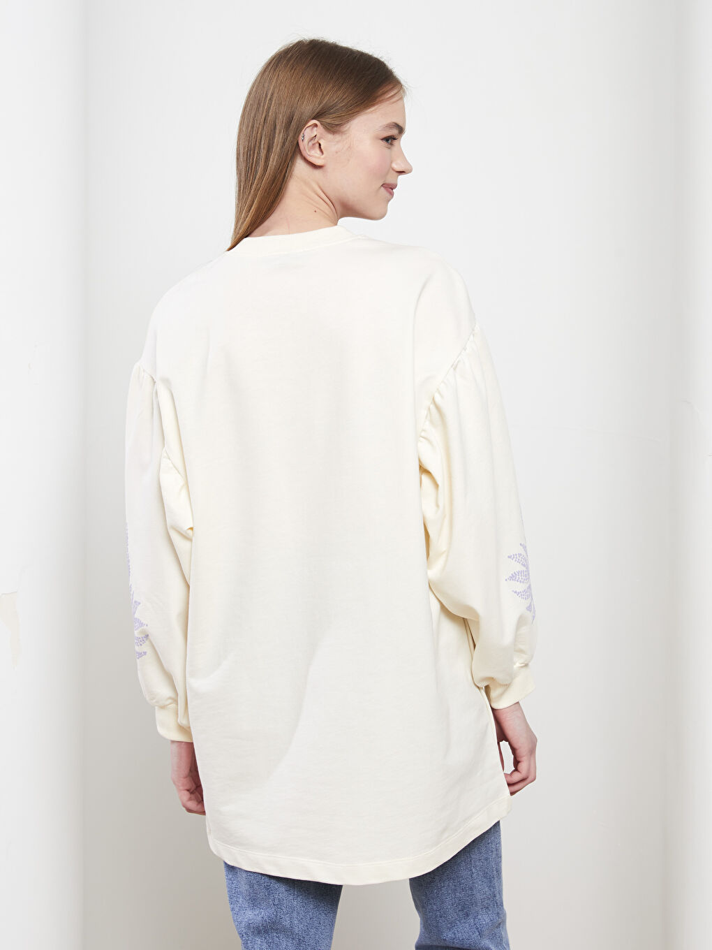 Bej Bisiklet Yaka Baskılı Uzun Kollu Oversize Kadın Sweatshirt Tunik-3