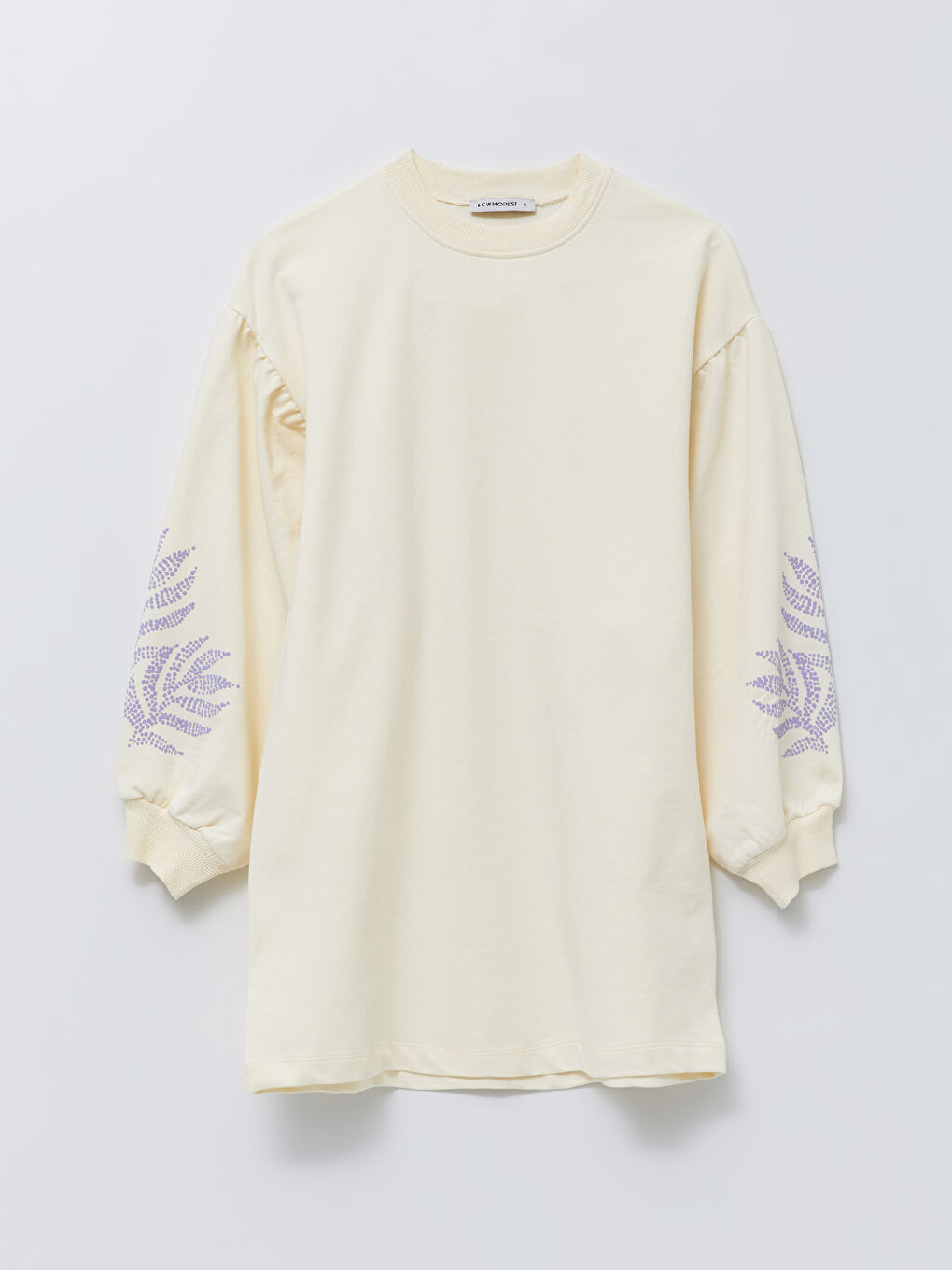 Bej Bisiklet Yaka Baskılı Uzun Kollu Oversize Kadın Sweatshirt Tunik-4