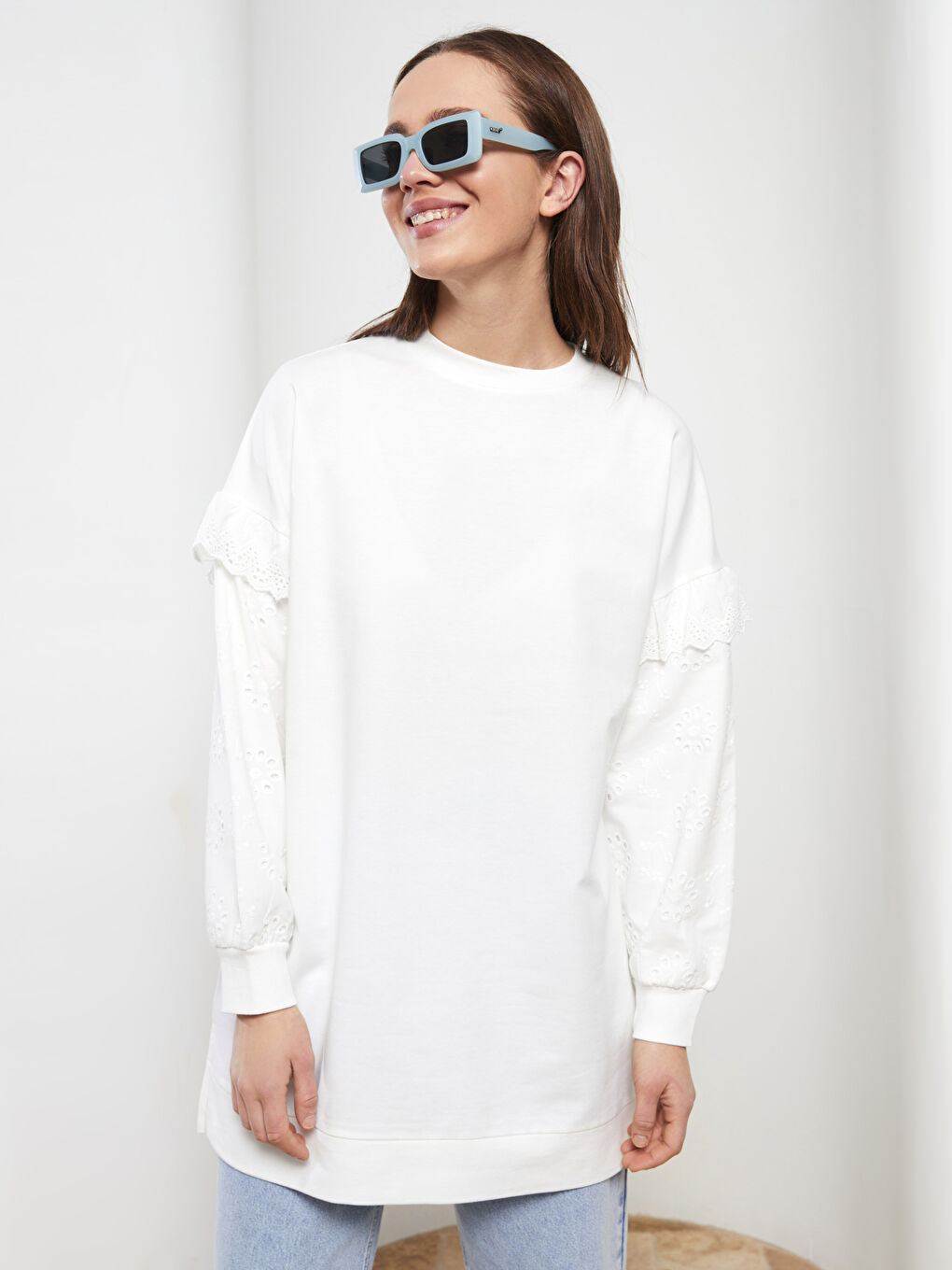 Crew Neck Embroidered Long Sleeve Oversize Women's Sweatshirt Tunic-1