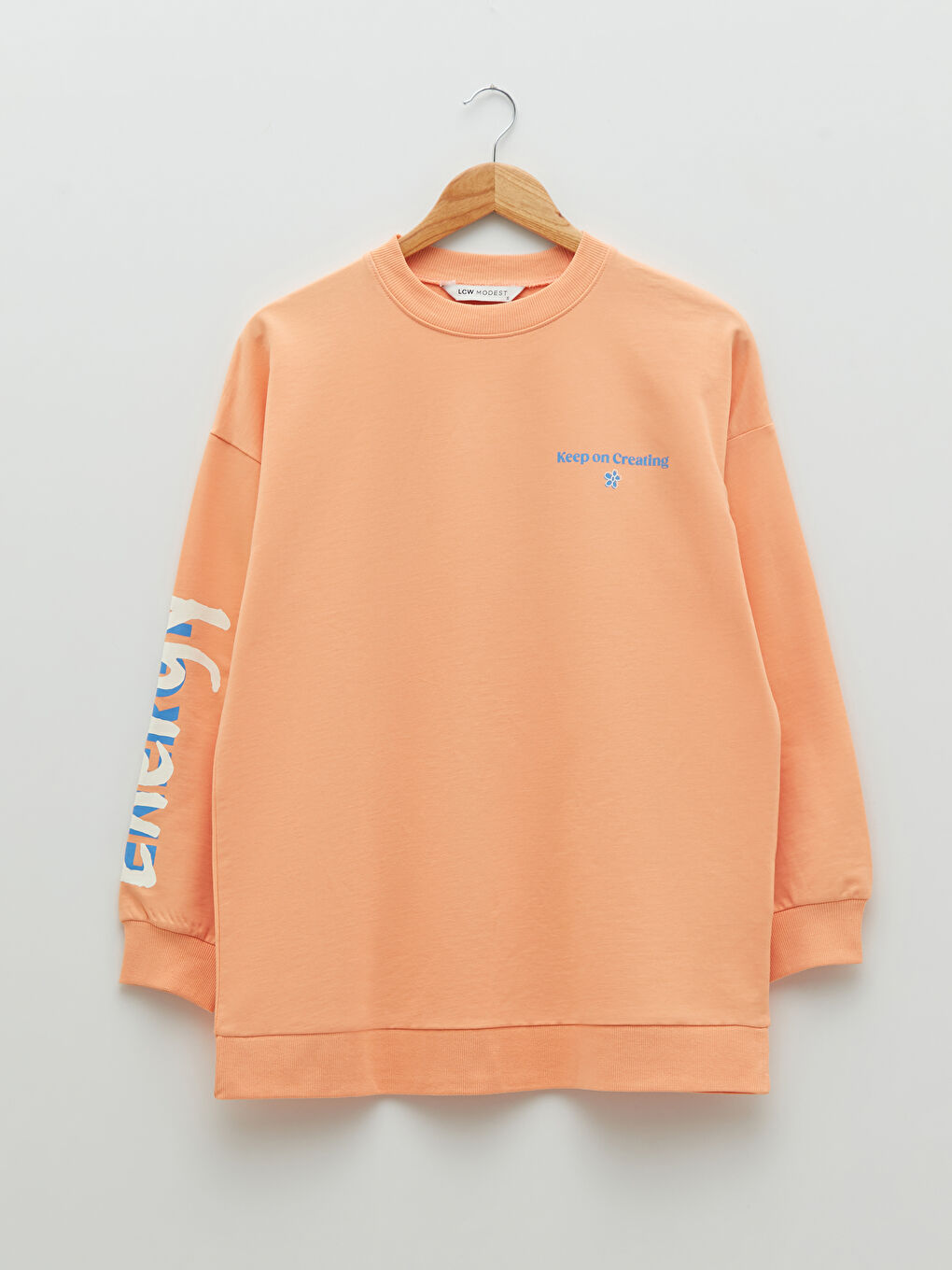Pembe Bisiklet Yaka Baskılı Uzun Kollu Oversize Pamuklu Kadın Sweatshirt Tunik-4