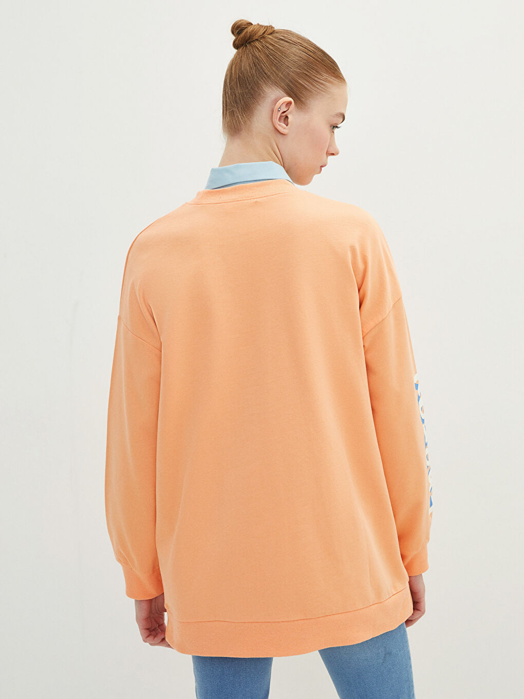 Pembe Bisiklet Yaka Baskılı Uzun Kollu Oversize Pamuklu Kadın Sweatshirt Tunik-3