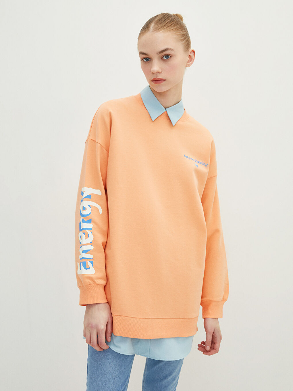 Pembe Bisiklet Yaka Baskılı Uzun Kollu Oversize Pamuklu Kadın Sweatshirt Tunik