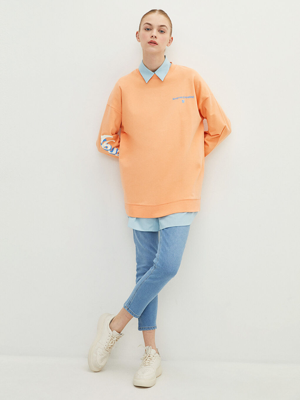 Pembe Bisiklet Yaka Baskılı Uzun Kollu Oversize Pamuklu Kadın Sweatshirt Tunik-1