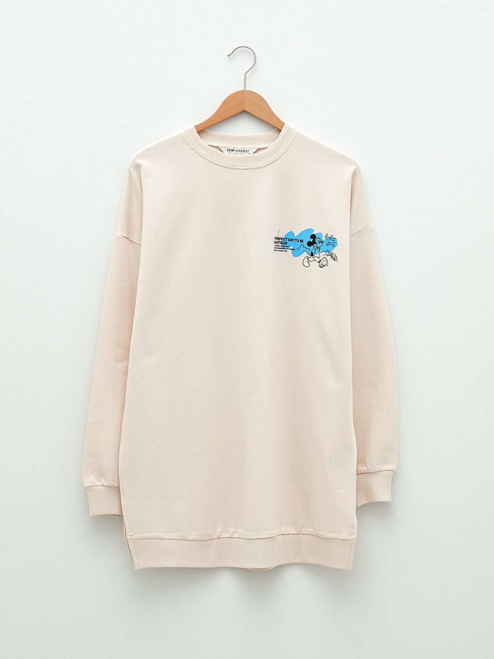 Bej Bisiklet Yaka Mickey Mouse Baskılı Uzun Kollu Oversize Pamuklu Kadın Sweatshirt Tunik-5