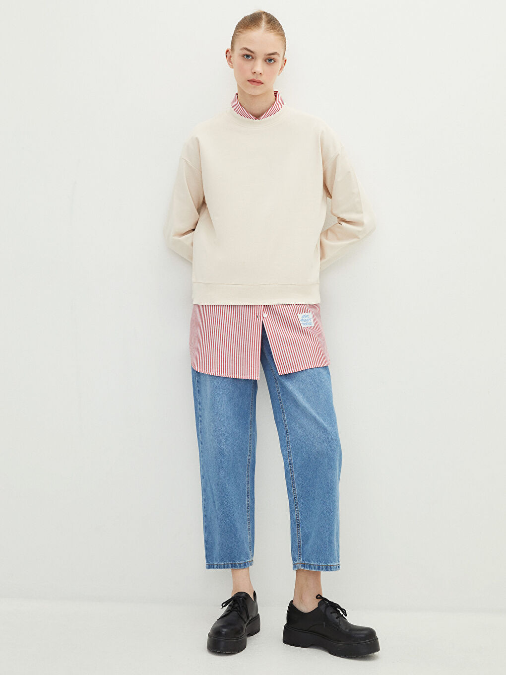 Crew Neck Straight Long Sleeve Oversize Cotton Women's Sweatshirt Tunic