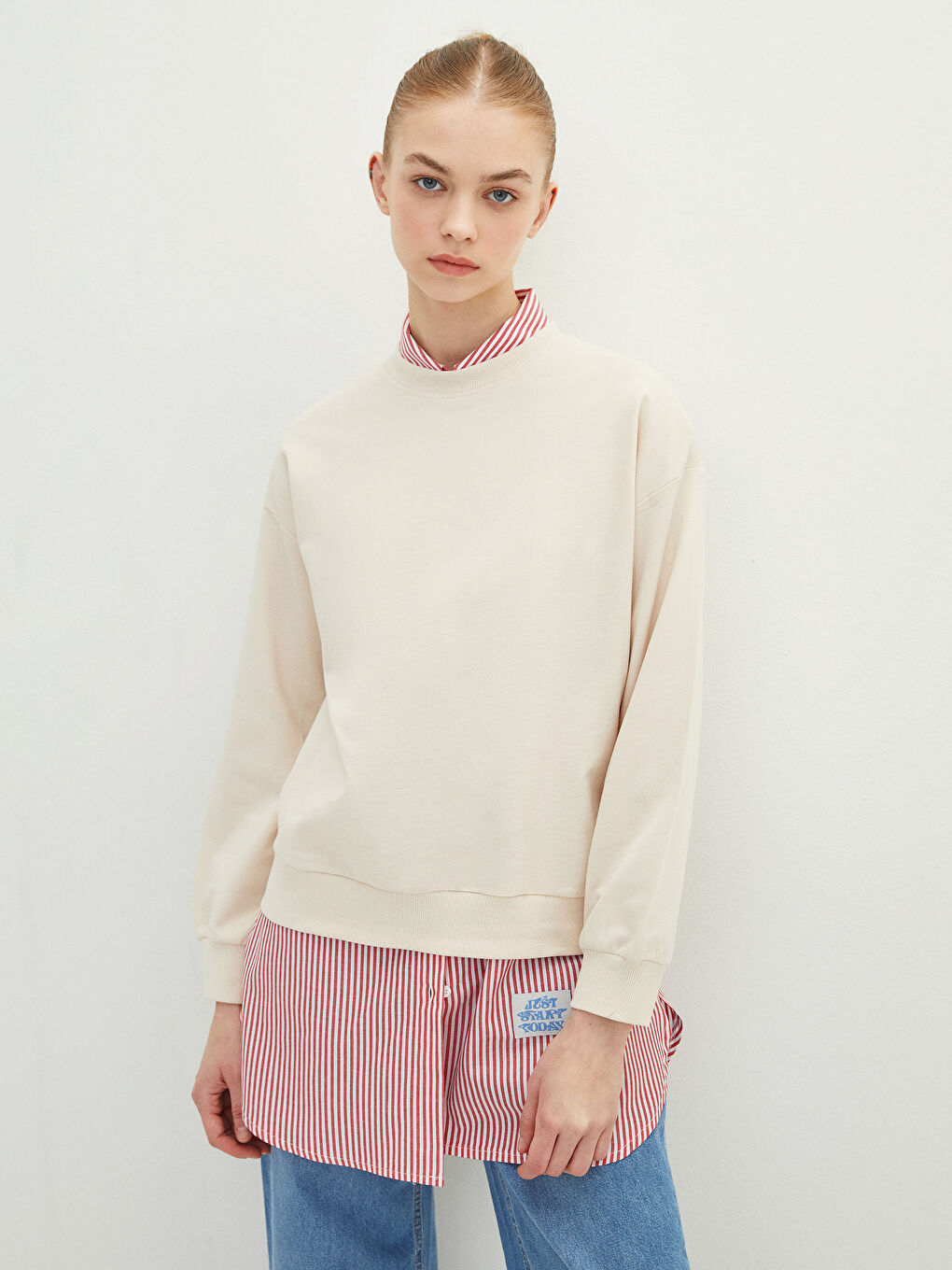 Crew Neck Straight Long Sleeve Oversize Cotton Women's Sweatshirt Tunic-1