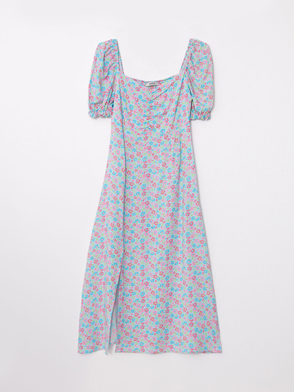 Mavi Kalp Yaka Çiçekli Kısa Kollu Kadın Elbise-4