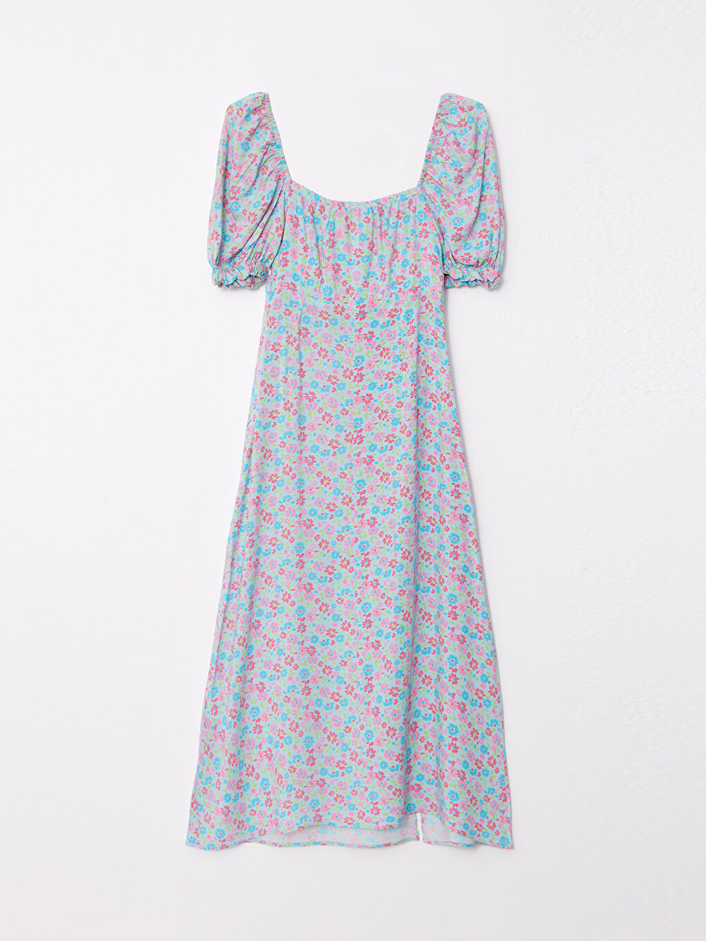 Mavi Kalp Yaka Çiçekli Kısa Kollu Kadın Elbise-5