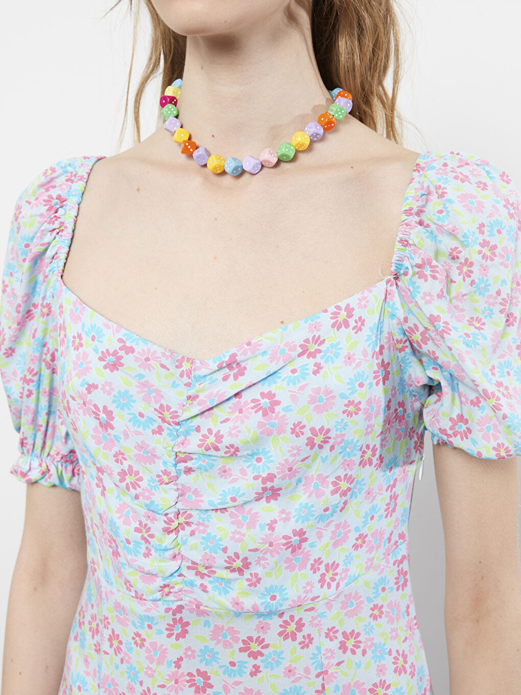 Mavi Kalp Yaka Çiçekli Kısa Kollu Kadın Elbise-2