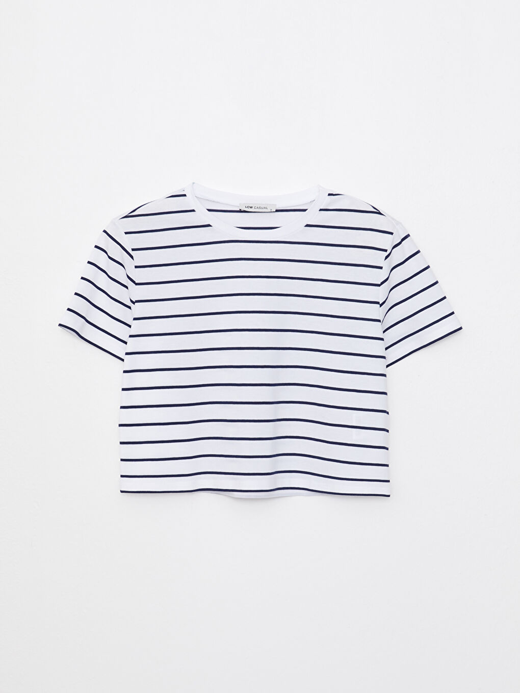 Әйелдерге арналған жолақты дөңгелек жағалы қысқа жең кроп-топ-4