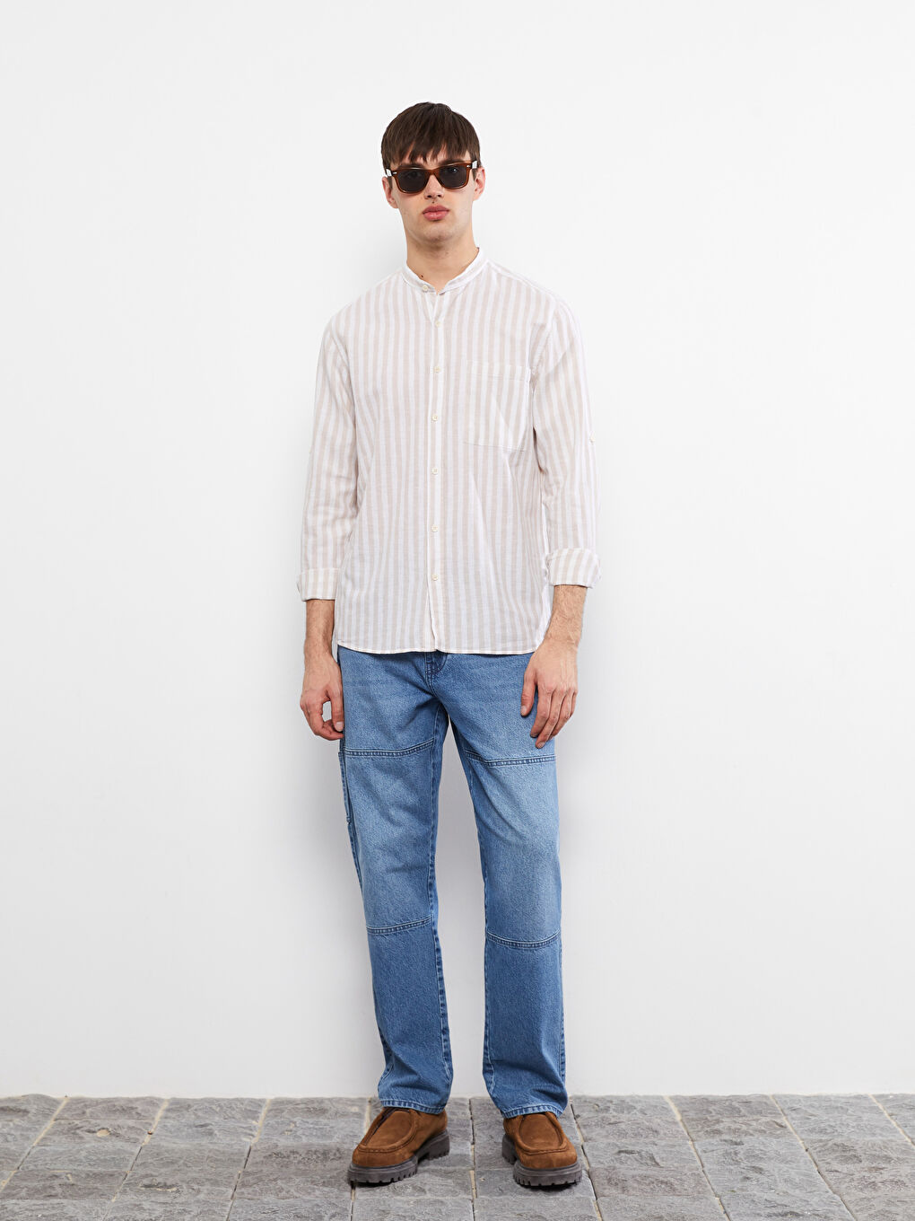 Bej Regular Fit Hakim Yaka Uzun Kollu Poplin Erkek Gömlek