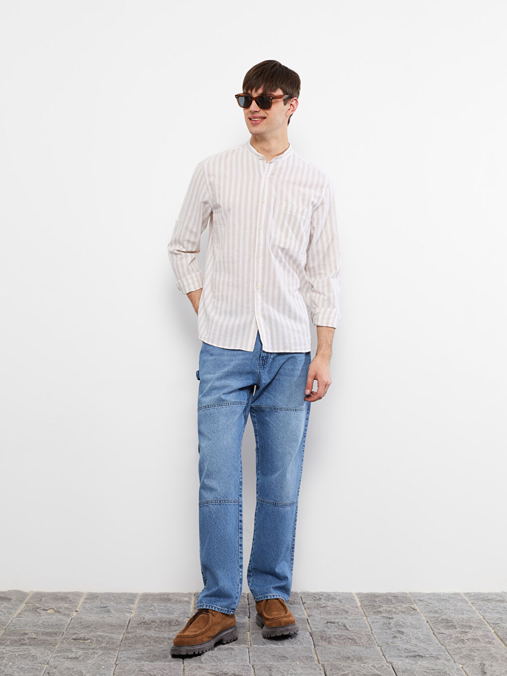 Bej Regular Fit Hakim Yaka Uzun Kollu Poplin Erkek Gömlek-1