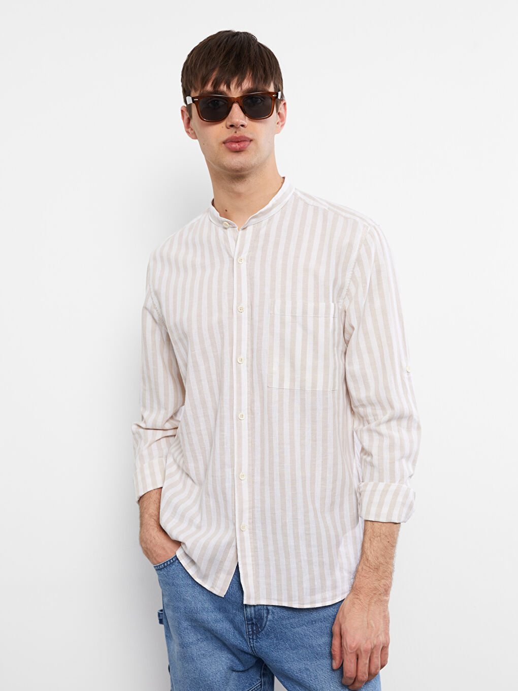 Bej Regular Fit Hakim Yaka Uzun Kollu Poplin Erkek Gömlek-2