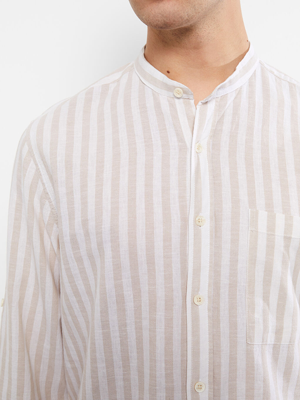 Bej Regular Fit Hakim Yaka Uzun Kollu Poplin Erkek Gömlek-3