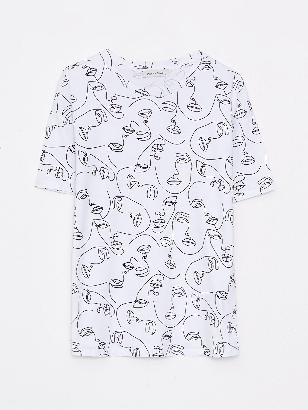 Beyaz Bisiklet Yaka Baskılı Kısa Kollu Pamuklu Kadın Tişört-6