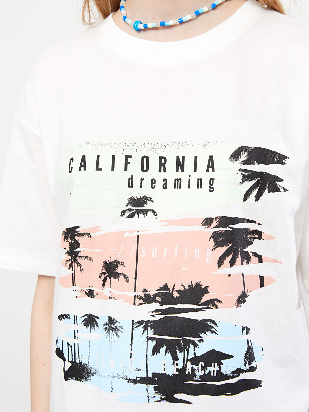 Ekru Bisiklet Yaka Baskılı Kısa Kollu Pamuklu Kadın Tişört-2