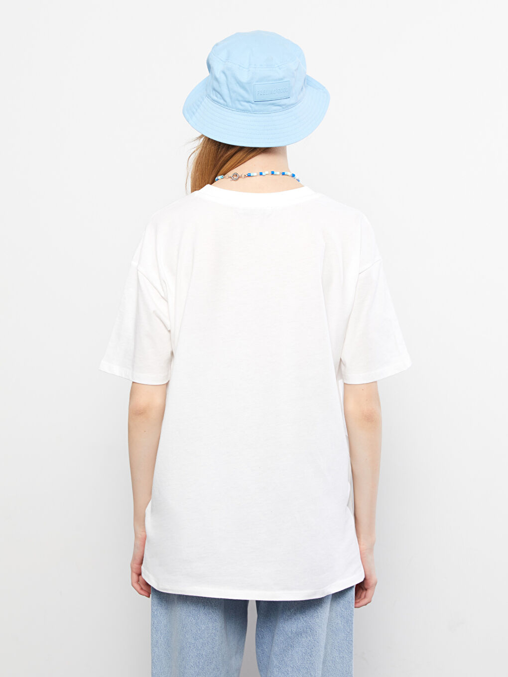 Ekru Bisiklet Yaka Baskılı Kısa Kollu Pamuklu Kadın Tişört-3