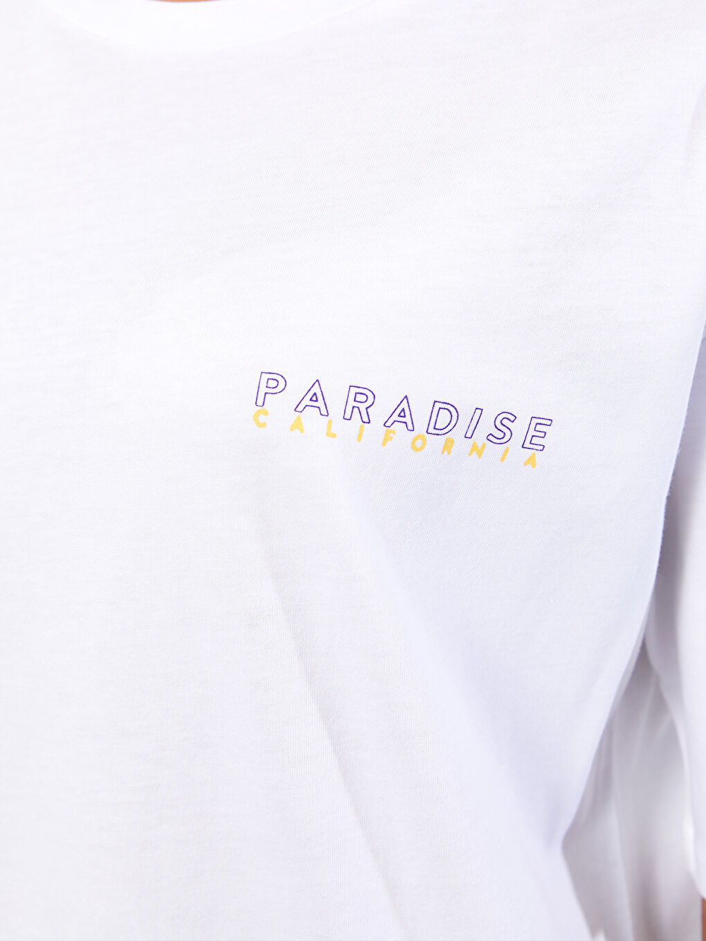 Beyaz Bisiklet Yaka Baskılı Kısa Kollu Pamuklu Kadın Tişört-3