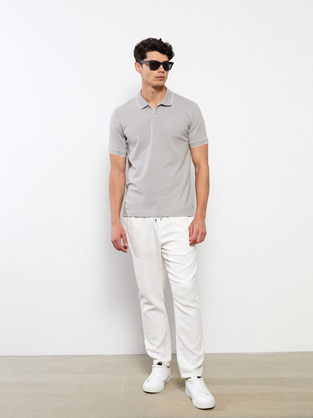 Gri Resort Yaka Kısa Kollu Erkek Tişört-2