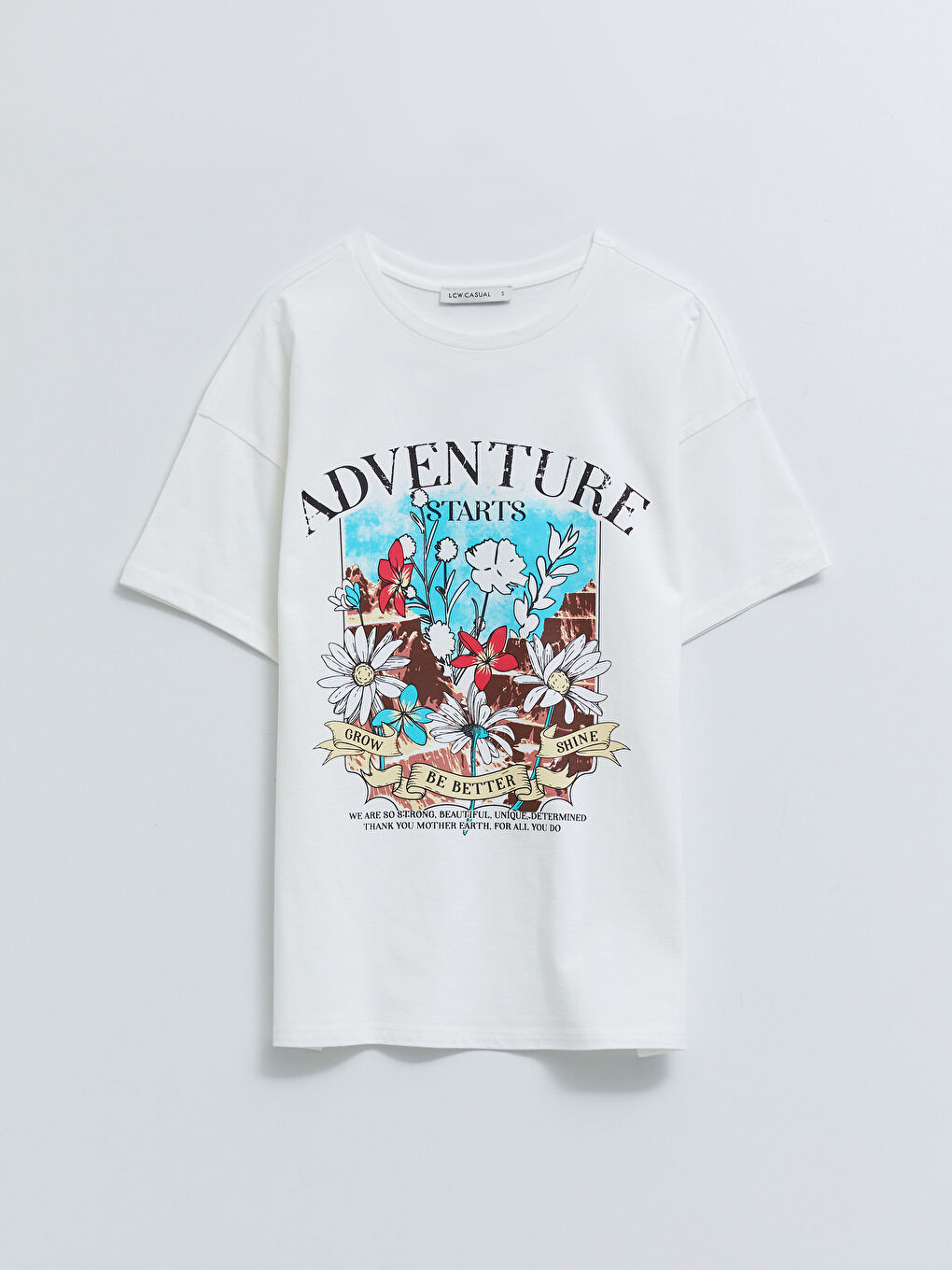 Ekru Bisiklet Yaka Baskılı Kısa Kollu Pamuklu Kadın Tişört-5