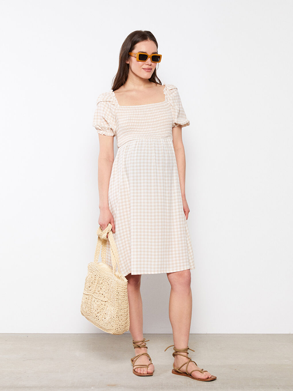 Square Neck Plaid Short Sleeve Crinkle Fabric Maternity Dress -S2GE74Z8-LKQ
