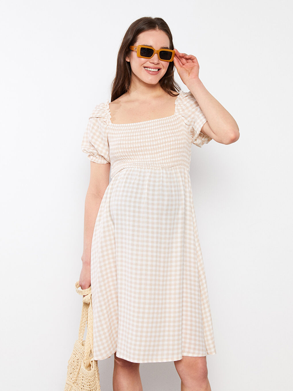 Square Neck Plaid Short Sleeve Crinkle Fabric Maternity Dress -S2GE74Z8-LKQ