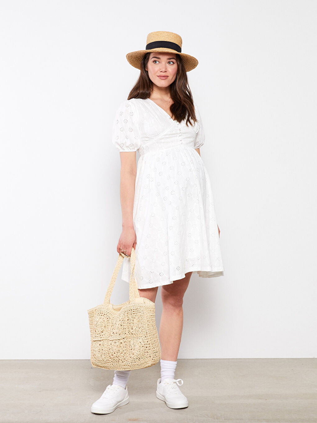 Ekru V Yaka Kendinden Desenli Kısa Kollu Poplin Hamile Elbise-1