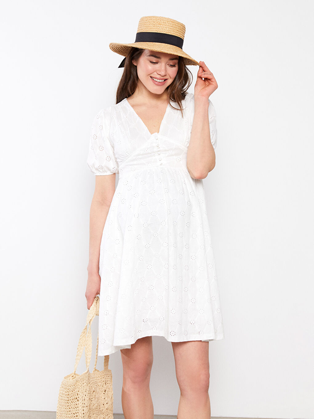 Ekru V Yaka Kendinden Desenli Kısa Kollu Poplin Hamile Elbise-2