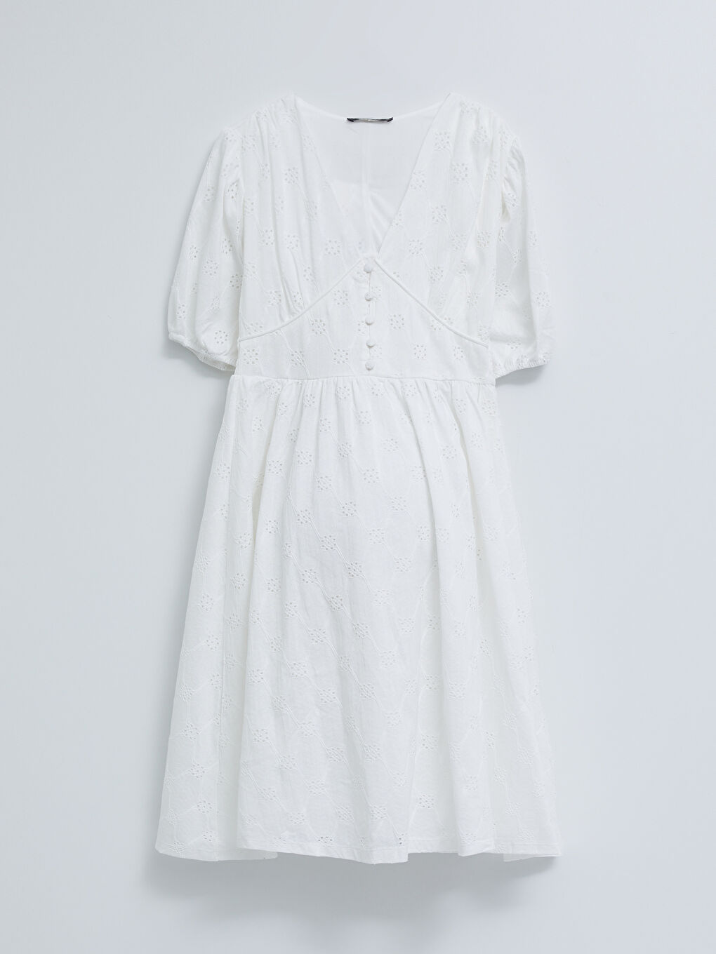 Ekru V Yaka Kendinden Desenli Kısa Kollu Poplin Hamile Elbise-5